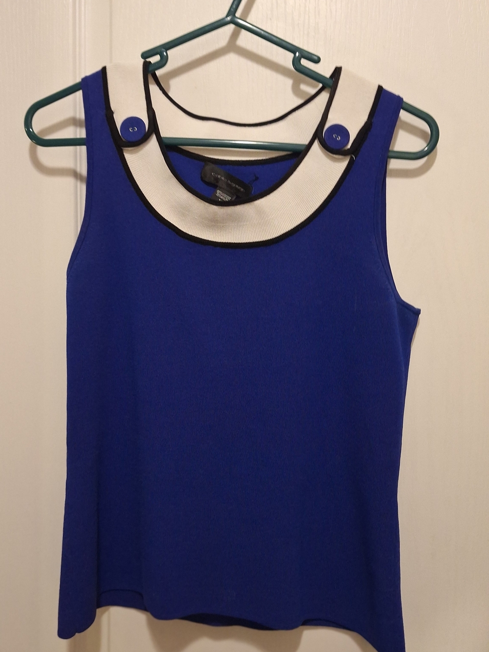 Cable & Gauge Blue Tank with White Contrast Collar and Button Straps